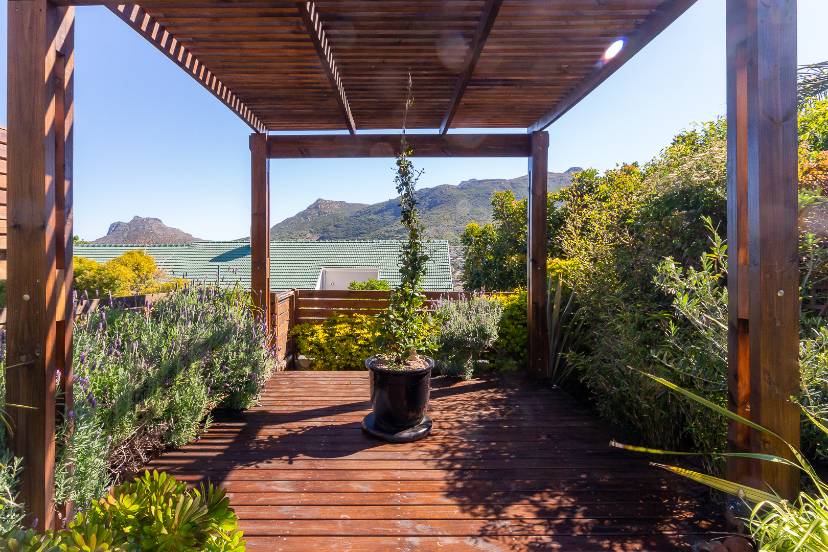 Timber pergola over a deck framing the surrounding mountains